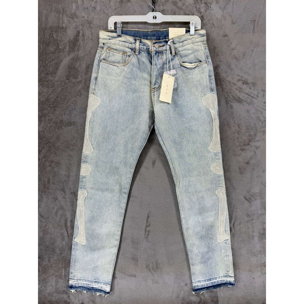 MNML D199 Skeleton Denim Jeans Mens 32 Light Wash Blue White Bone Applique New